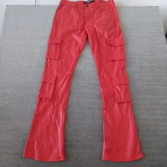 Valabasas Stacked Faux Leather Cargo Pants Mens 36x36 Matte Red Banjo Flared Leg